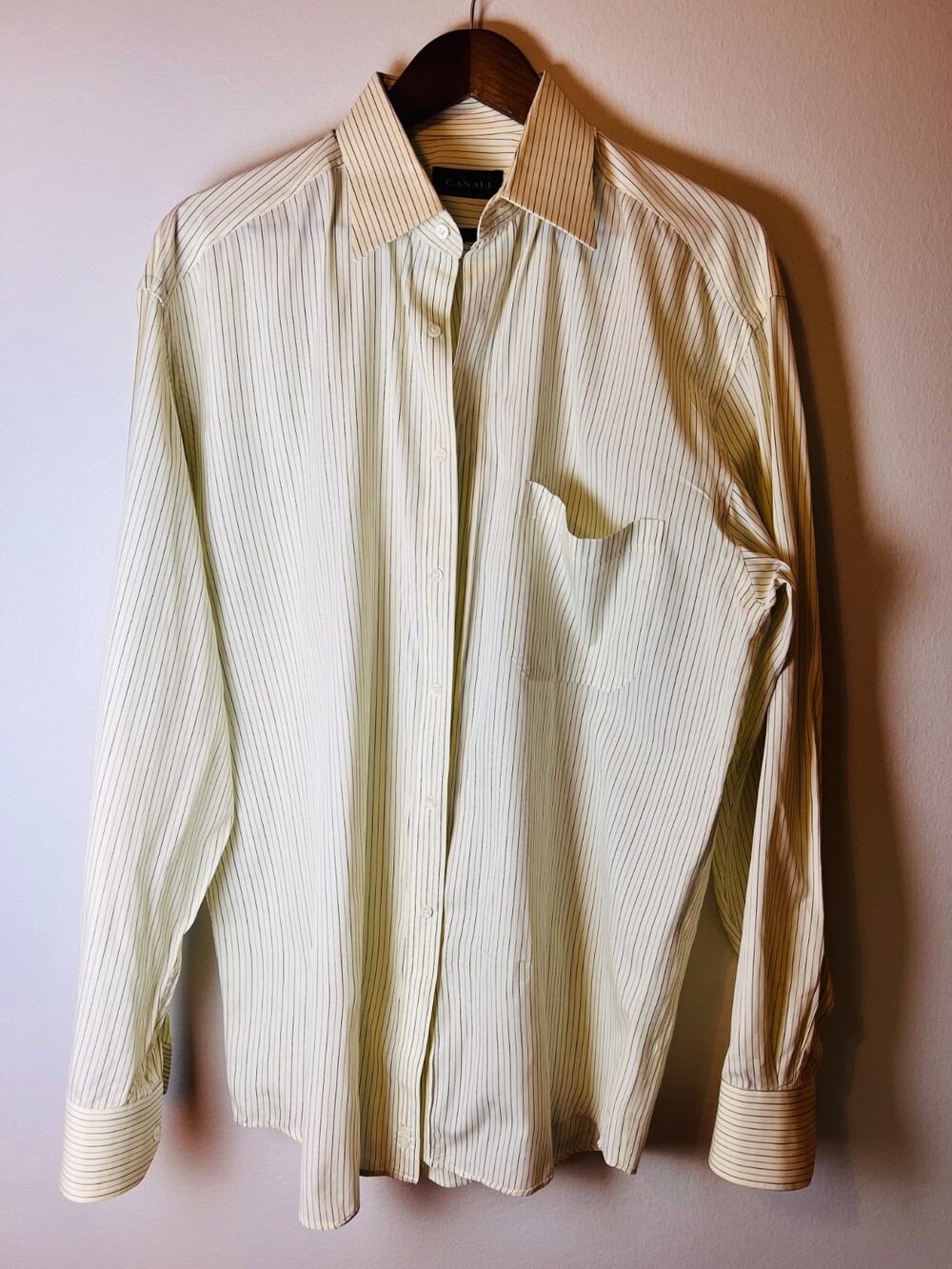 Canali Dress Shirt Mens 16.5 42 Pale Yellow Striped Formal Long Sleeve Button Up